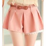 Women Pink Cotton Floral Hem Short Pant With Belt S/M@MF9891p
